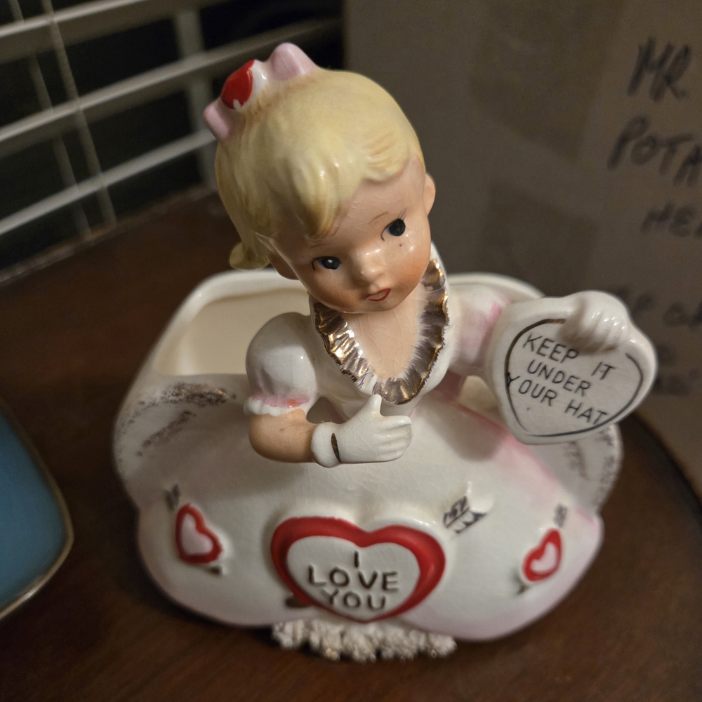 Vintage Rubens Ceramic Girl Valentine Vase with Heart Accents